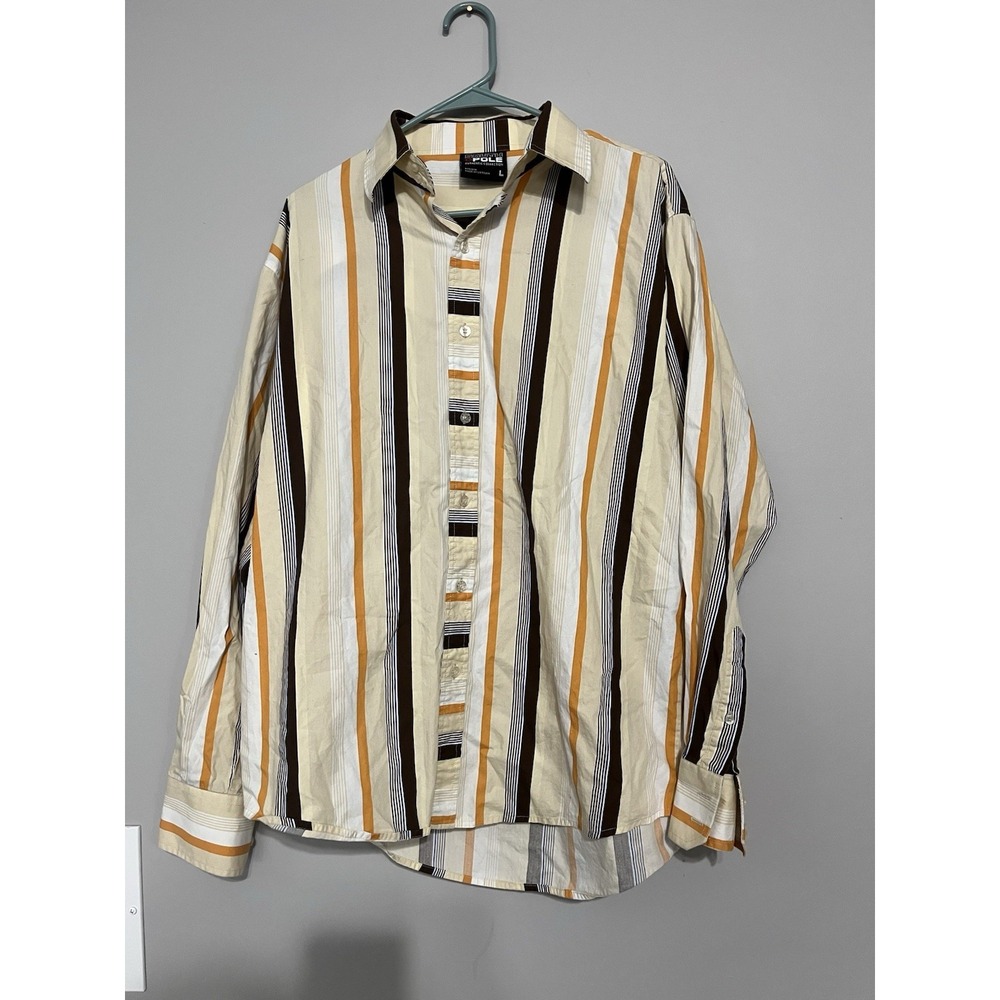 SouthPole Y2K Shirt Mens L Brown Vertical Striped Long Sleeve Button Up Hip Hop